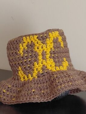 Hand-Crocheted Brown Bucket Hat with Yellow Stitching